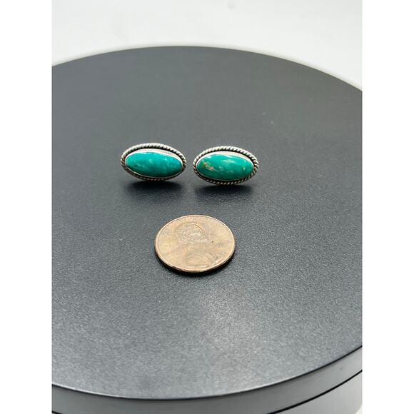 Signed Sterling Silver Turquoise Oval Rope Bezel Post Stud Earrings 17mm - Picture 3 of 14